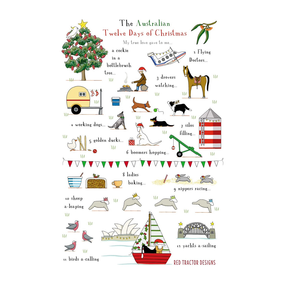 'The Australian 12 Days of Christmas' Linen Tea Towel