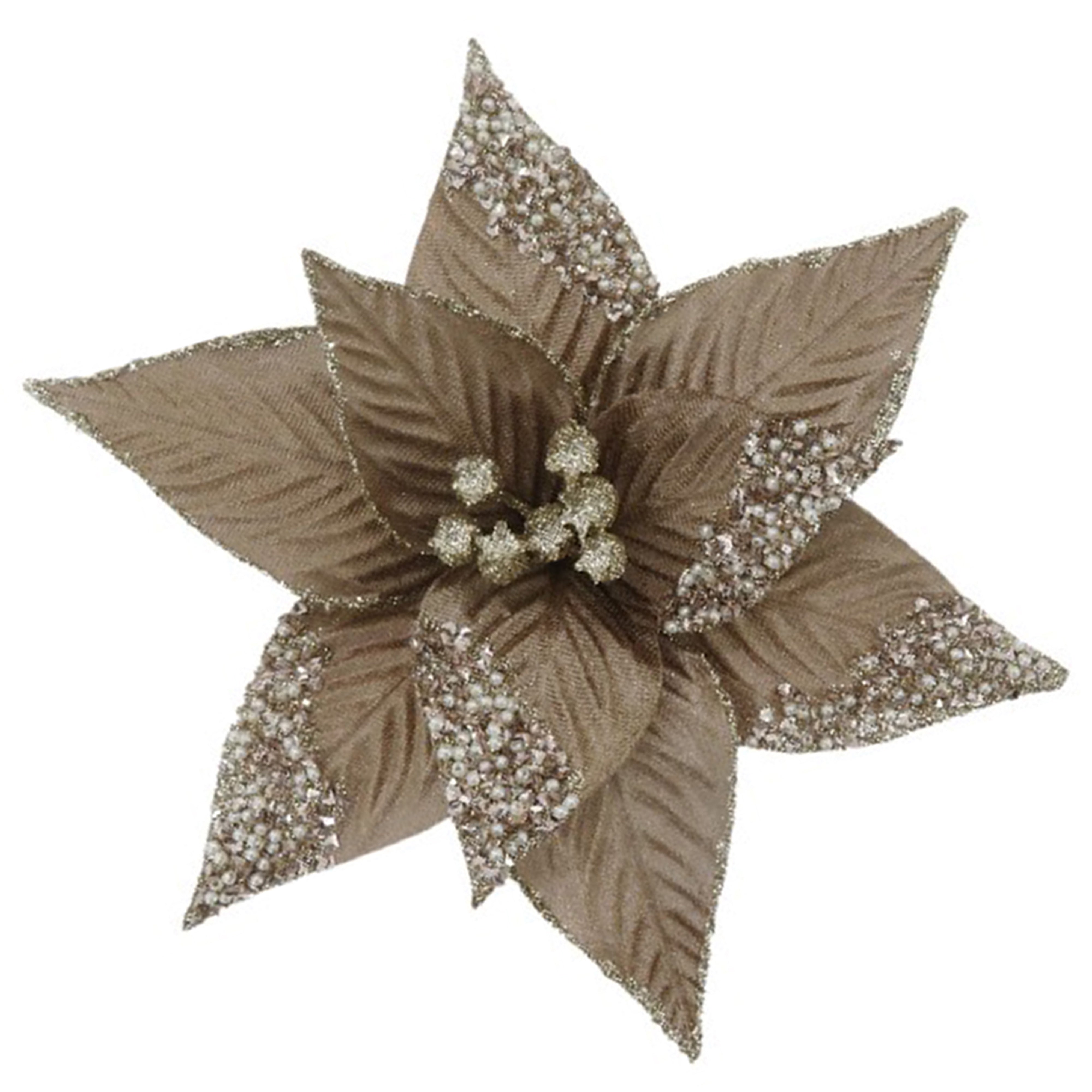 Tan Poinsettia Glitter Petals Clip On