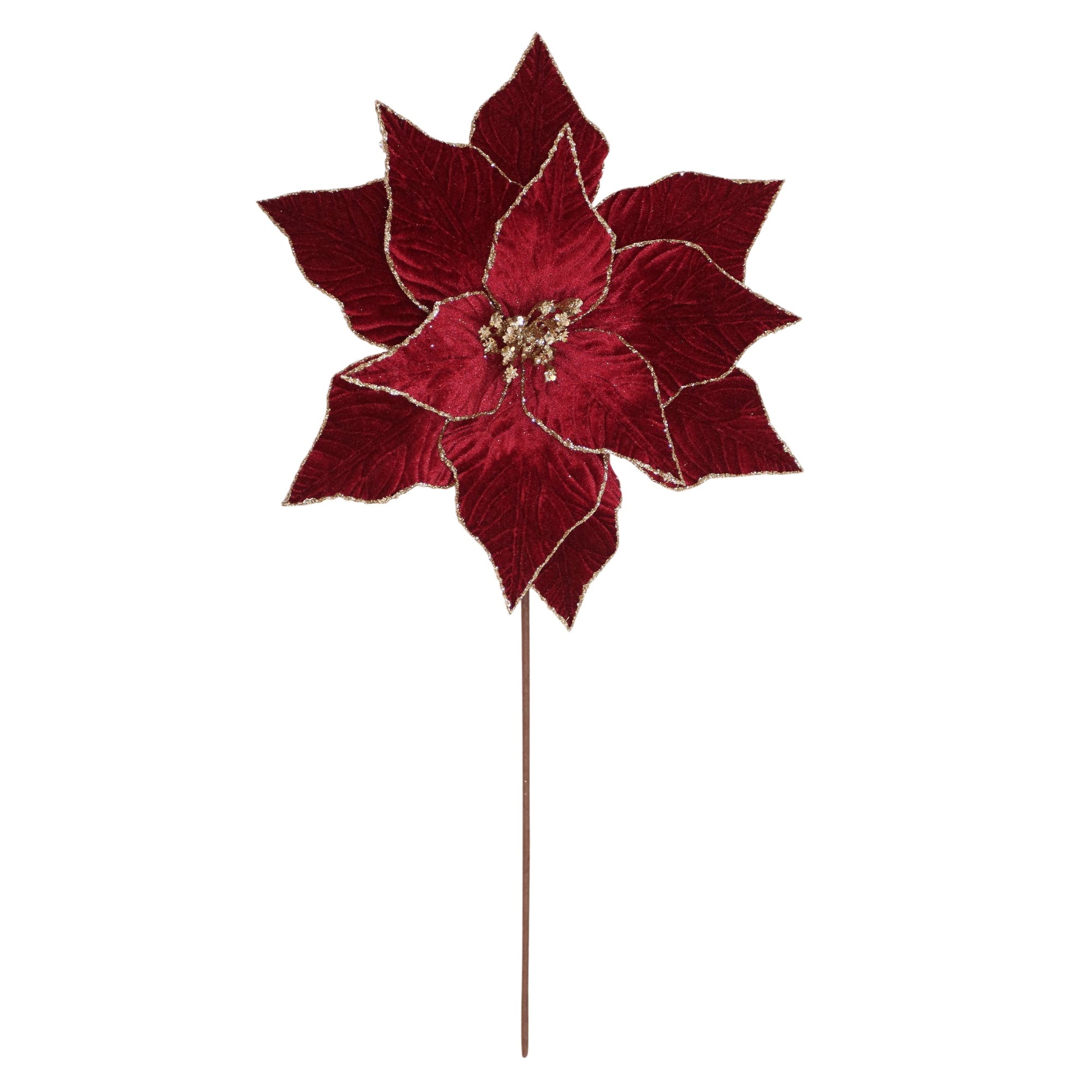 Red Poinsettia Stem w/Glitter Trim
