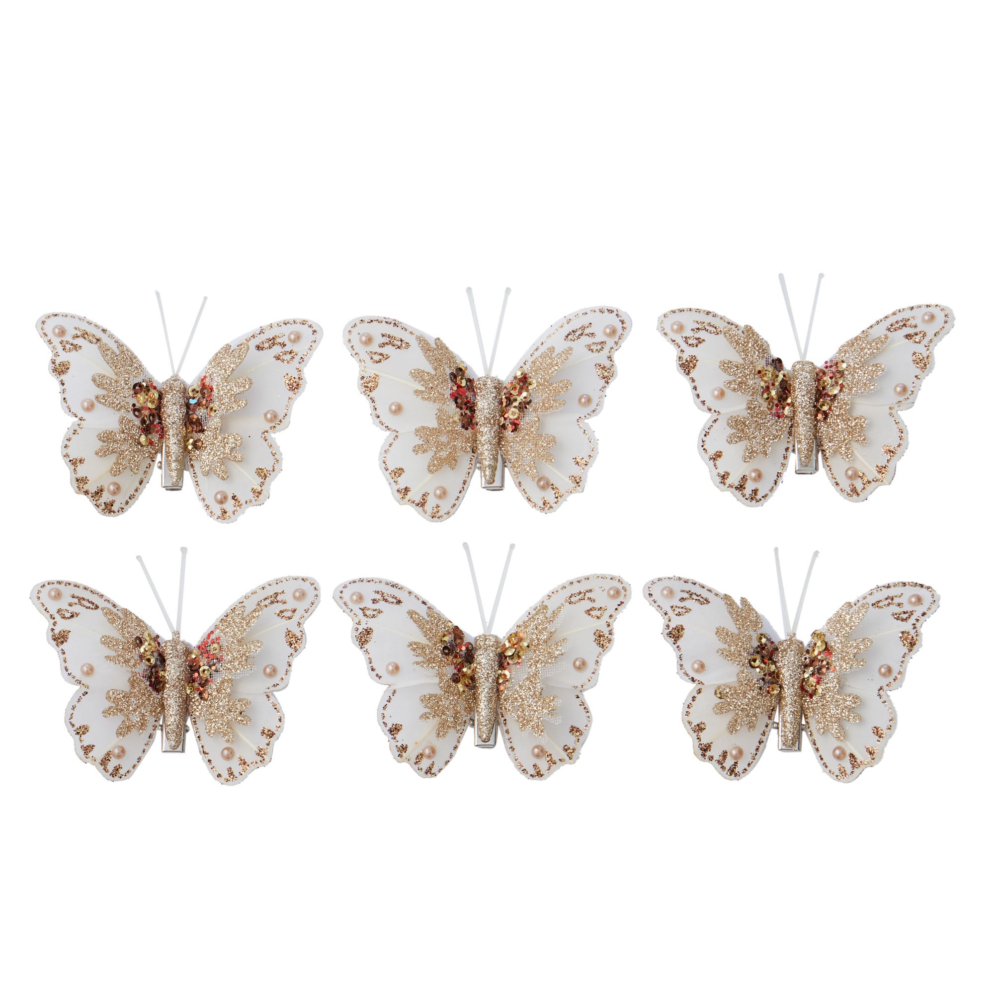 Gold and White Butterfly Clip w/Pearl S/6
