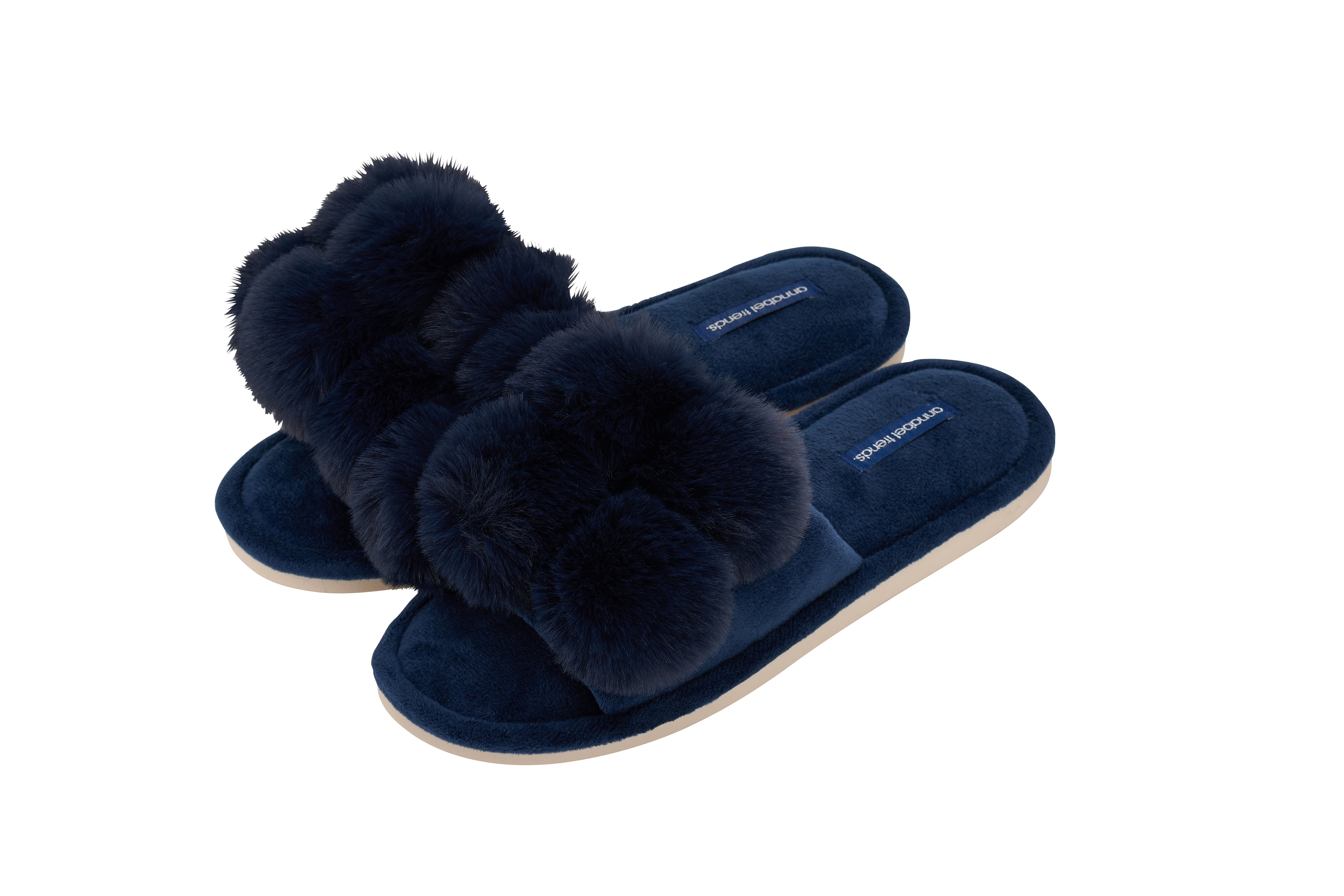 Pom Pom Cosy Luxe Slippers | Navy