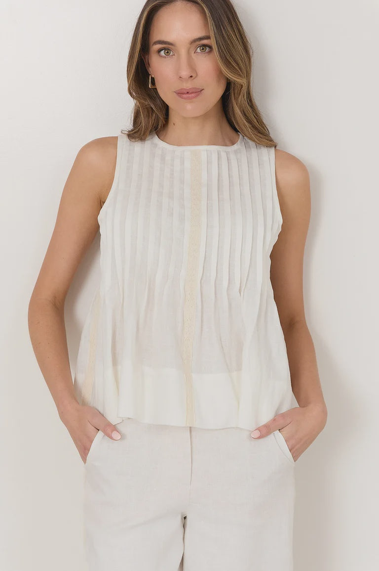 Aurelia White Pleated Linen Top