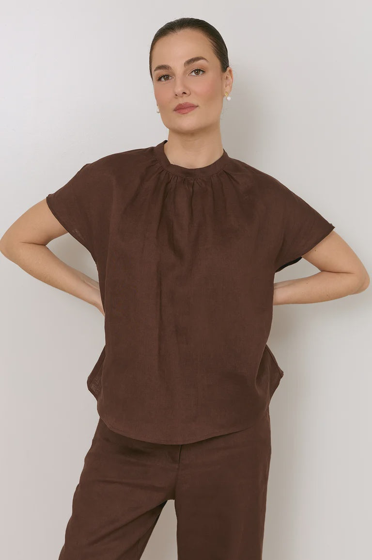 Alice Chocolate Dolman Short Sleeve Linen Top