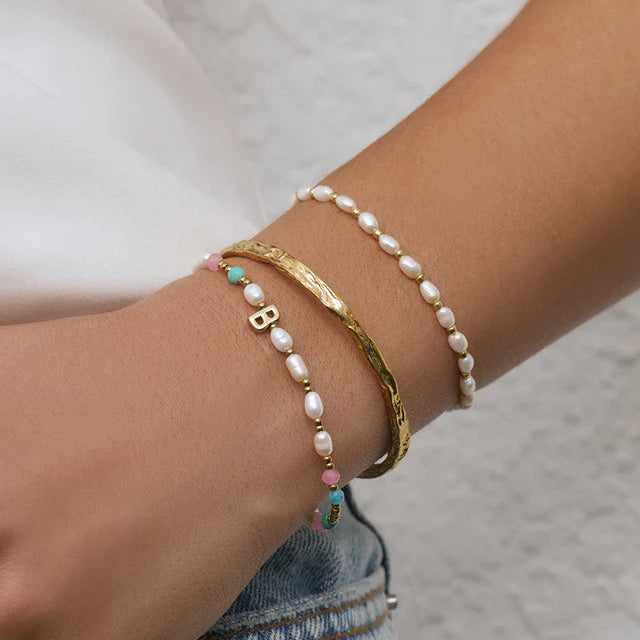 Beaded Gemstone and Pearl Initial Bracelet