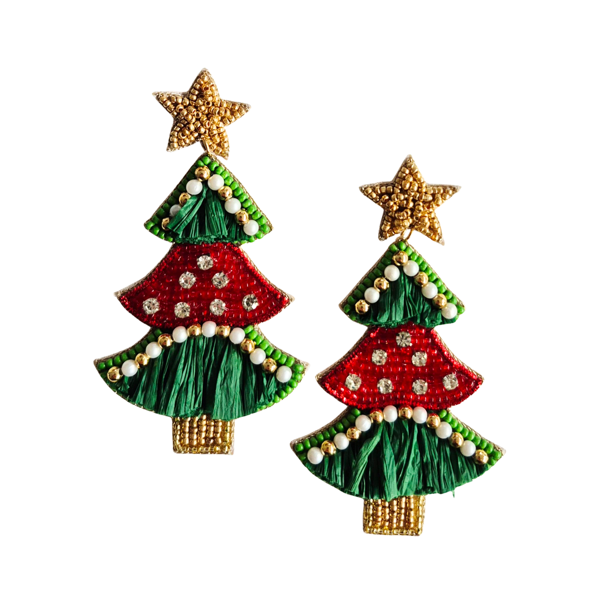 Green &amp; Red Beaded Christmas Tree Earrings