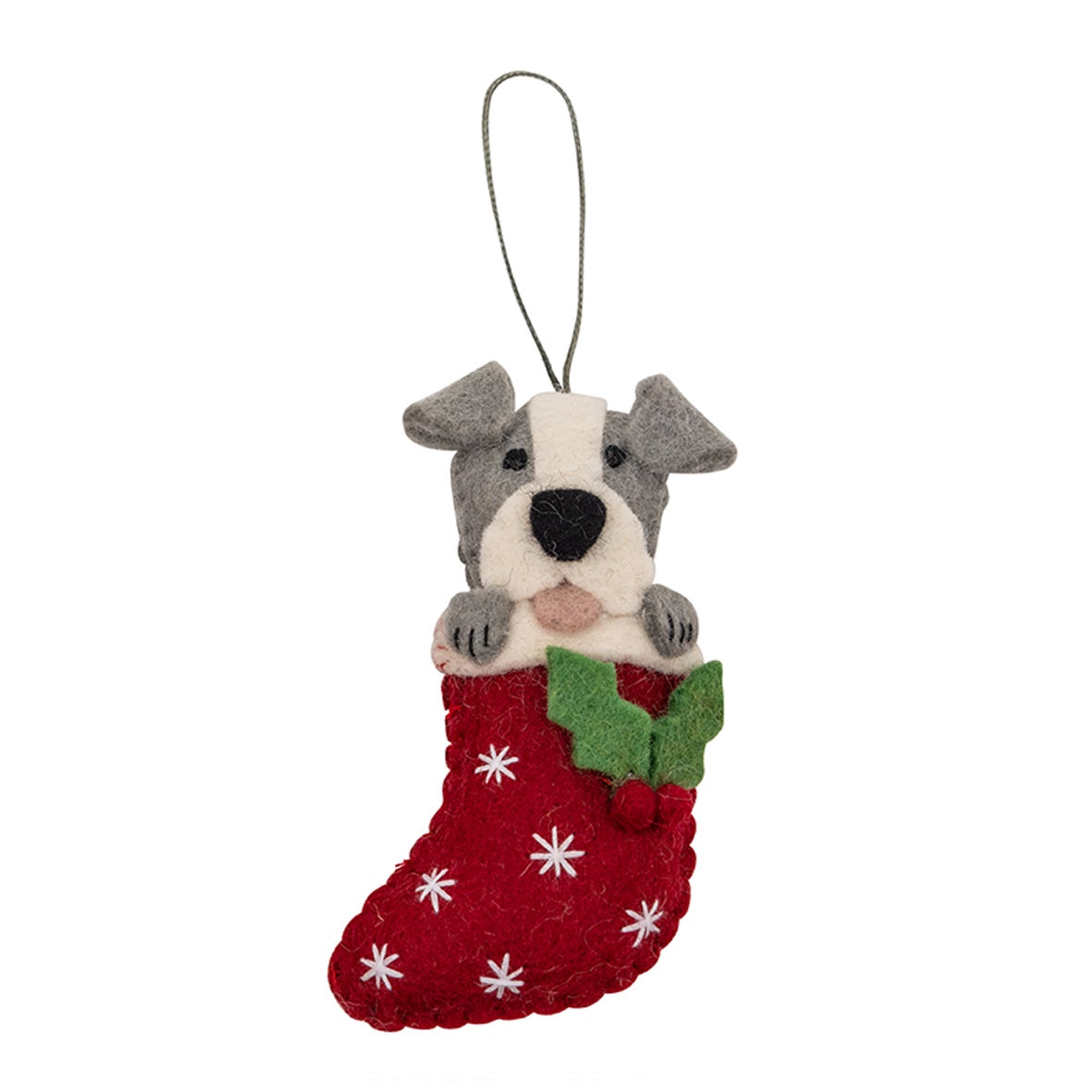 Grey Staffy in Stocking Christmas Felt Ornament