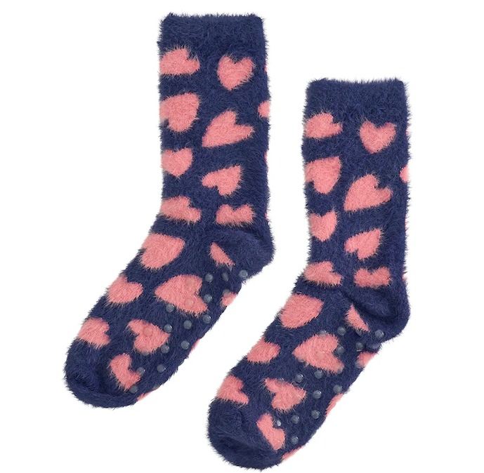 Fuzzy Bed Socks | Navy Heart