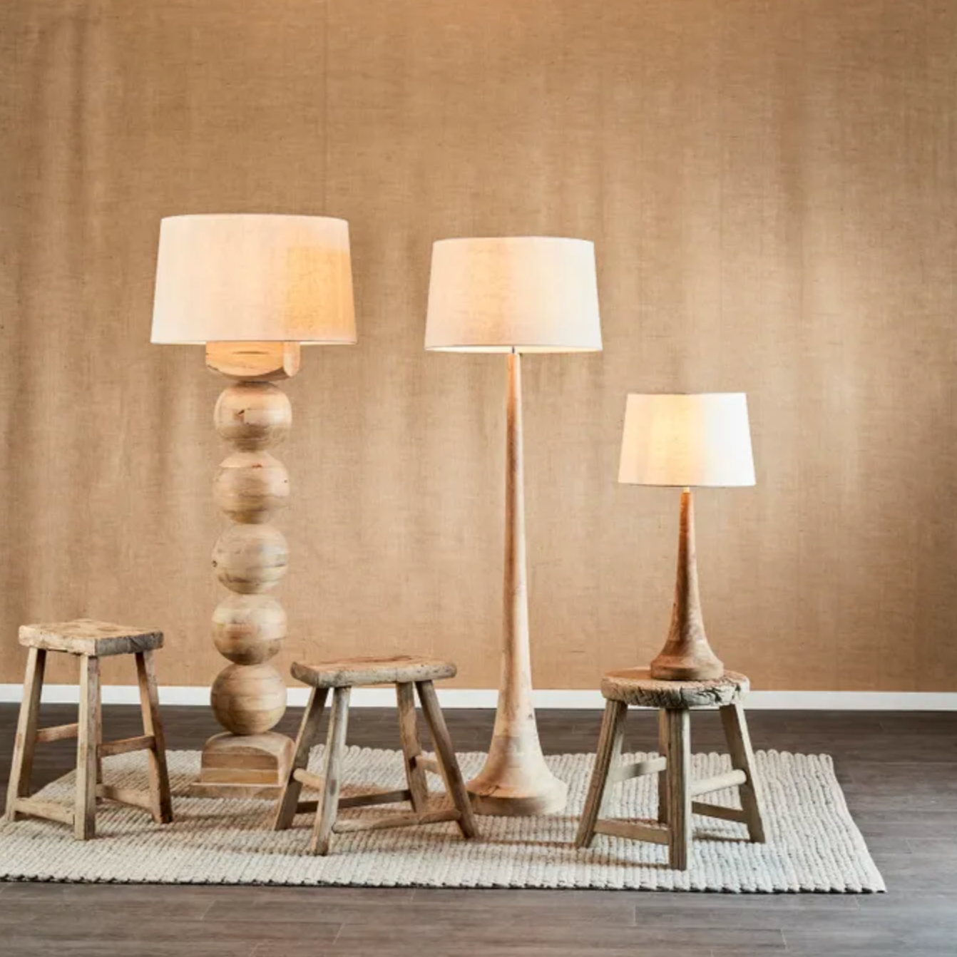 Lancia Large Light Natural Turned Wood Slender Floor Lamp