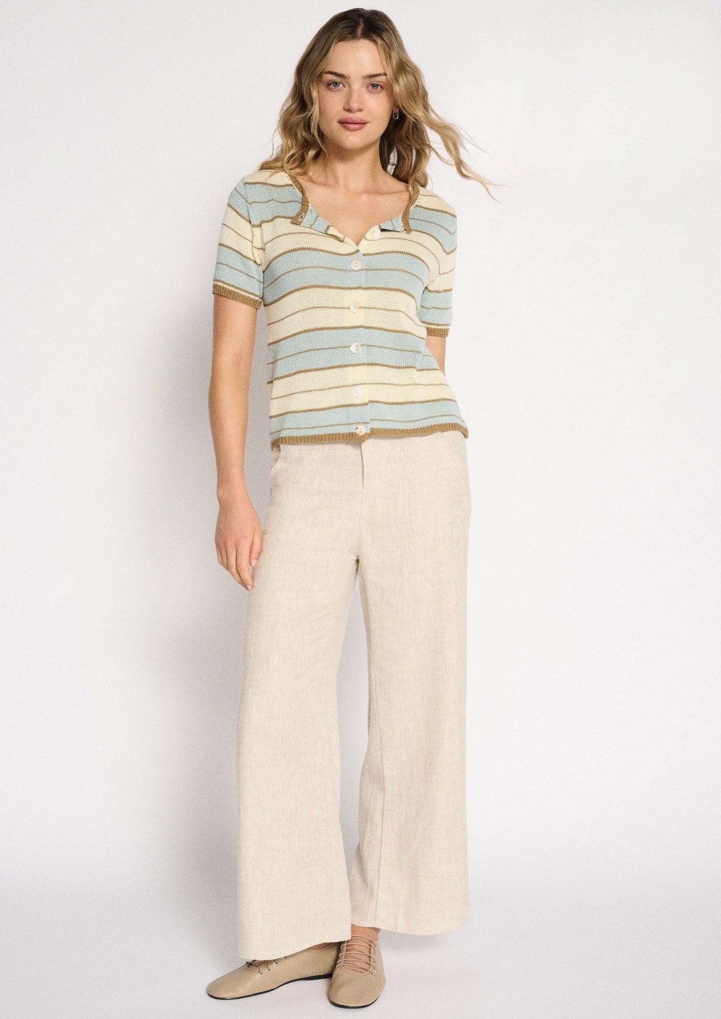 Solene Stripe Button Up Top | Dusty Aqua