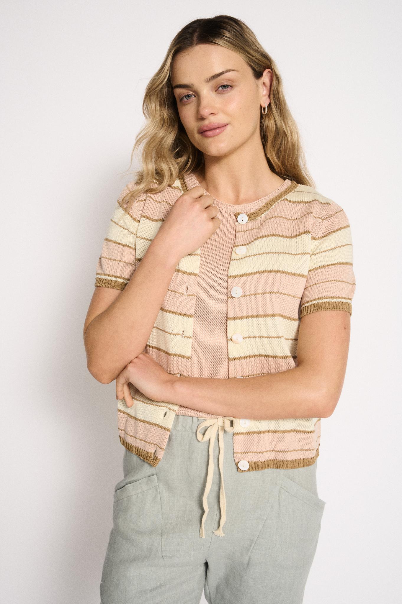 Solene Stripe Button Up Top | Dusty Pink