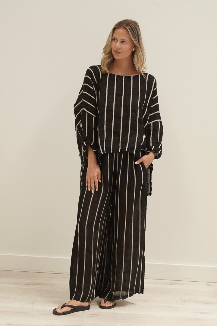 Mia Linen Pants | Black Velvet Stripe Gauze