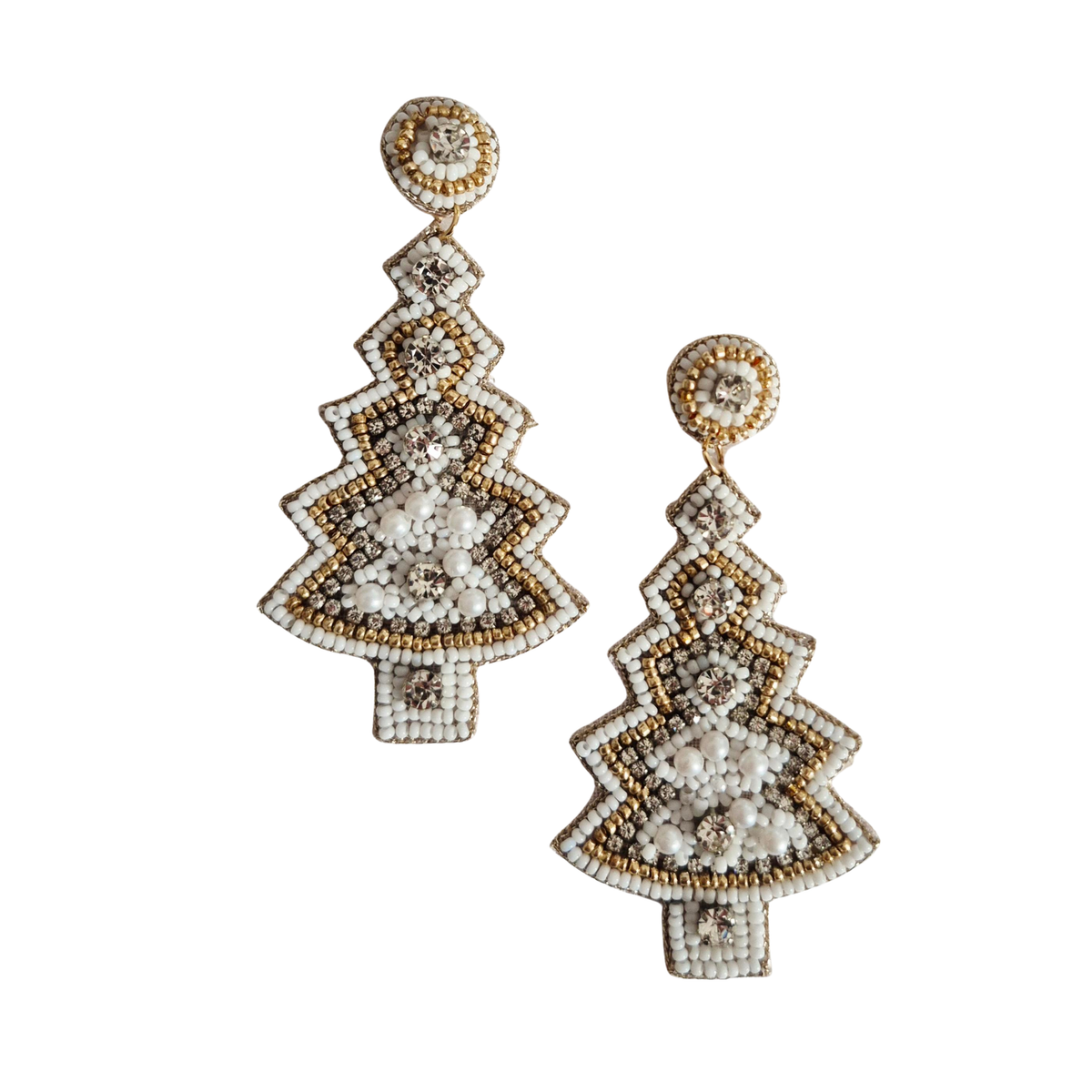 White &amp; Gold Beaded Christmas Tree Earrings