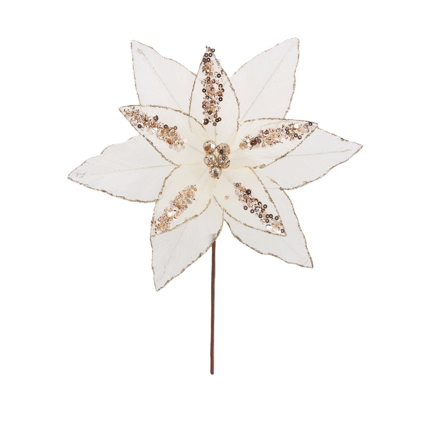Poinsettia w/Detail Stem | White/Gold