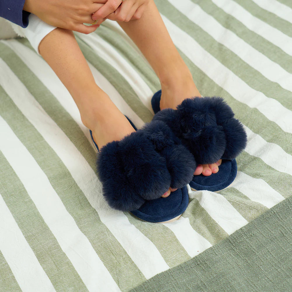 Pom Pom Cosy Luxe Slippers | Navy
